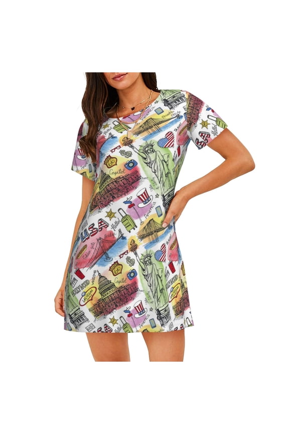 America Landmarks1 Print Nightgowns for Women,Soft Short-Sleeved Lightweight Sleepwear, Loose Sleepshirts