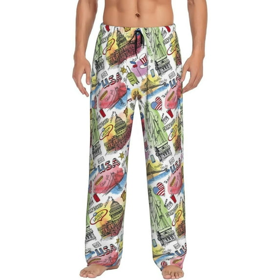 Logiee America Landmarks1 Print Pajama Pants for Men,Men’s Pajama Bottoms,Mens PJ Pants with Pockets & Button Fly-Small