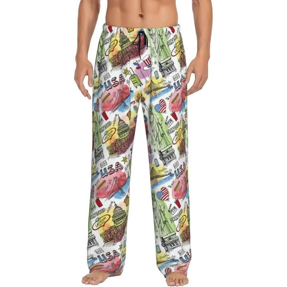 Logiee America Landmarks1 Print Pajama Pants for Men,Men’s Pajama Bottoms,Mens PJ Pants with Pockets & Button Fly-Small