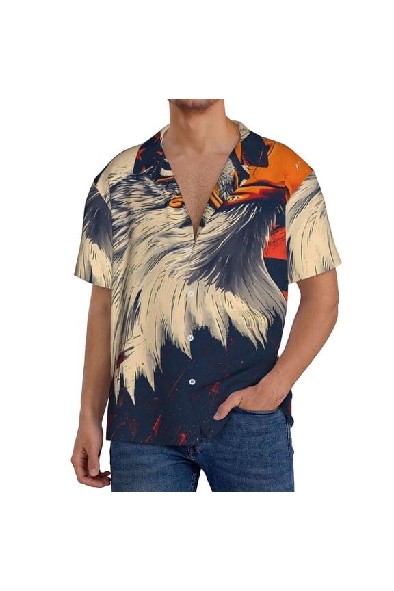 American Bald Eagle A Print Men's Button Down Shirts Short Sleeve, Summer Beach Shirts,Vacation Wedding Shirts,Men's Casual Button-Down Shirts with Pocket-3X-Large