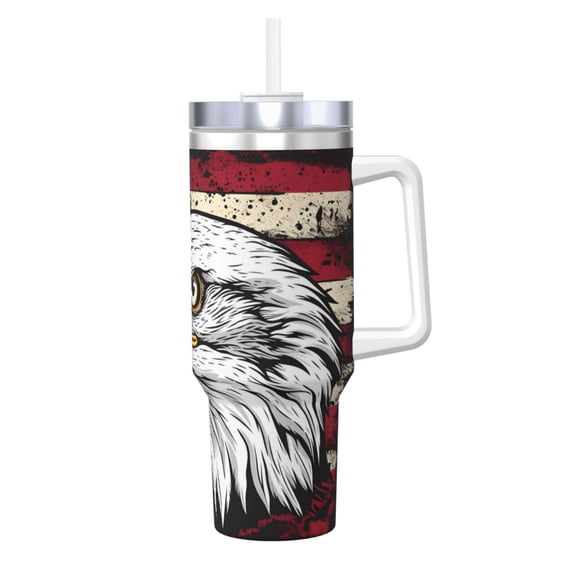 Logiee American Bald Eagle Print 40OZ Ice Bully Cup with Handle and Straw, Double Wall Stainless Steel Tumbler,Travel Coffee Cup with Lid, Summer Insulation and Cooling Cup