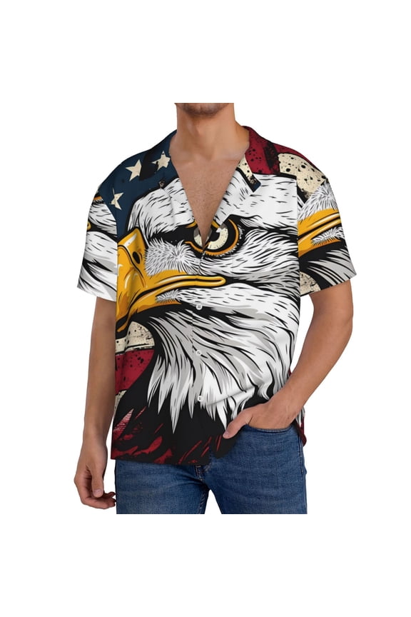 American Bald Eagle Print Men's Button Down Shirts Short Sleeve, Summer Beach Shirts,Vacation Wedding Shirts,Men's Casual Button-Down Shirts with Pocket-Large