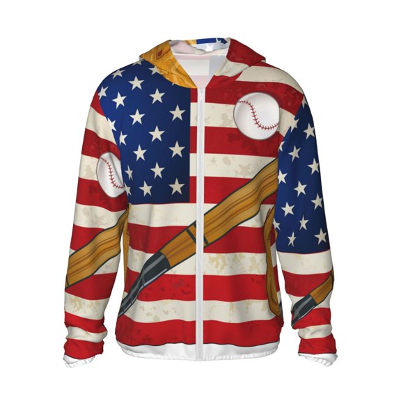 Logiee American Flag And Baseball Print Men's Women Light Jacket Full Zip Sun Protection Hoodie Long Sleeve Sun Shirts for Men Hiking Fishing Zip Pockets-XX-Large