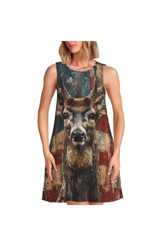 American Flag Deer Art Print Summer Dresses for Women,Beach Sleeveless Flowy Pocket Tshirt Tank Sundresses,Women's Sleeveless Dress