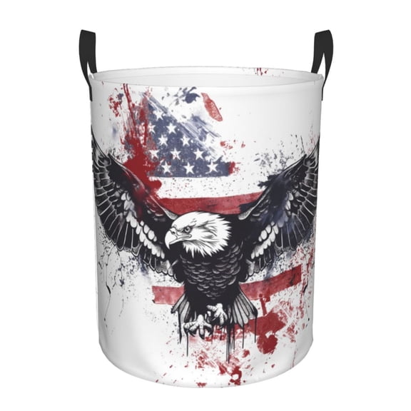 Logiee American Flag Eagle Art Print Laundry Hamper,Dirty Clothes Hamper Storage Basket for Bathroom Bedrooms College Dorm, Circular Hamper with Handles,Collapsible Laundry Baskets-Small