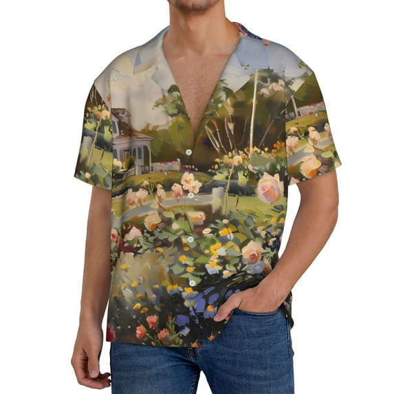 Logiee American Flag Rose Garden Print Men's Button Down Shirts Short Sleeve, Summer Beach Shirts,Vacation Wedding Shirts,Men's Casual Button-Down Shirts with Pocket-Medium
