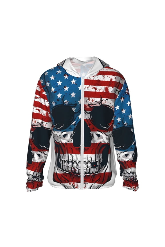 American Flag Skull Print Men's Women Light Jacket Full Zip Sun Protection Hoodie Long Sleeve Sun Shirts for Men Hiking Fishing Zip Pockets-3X-Large