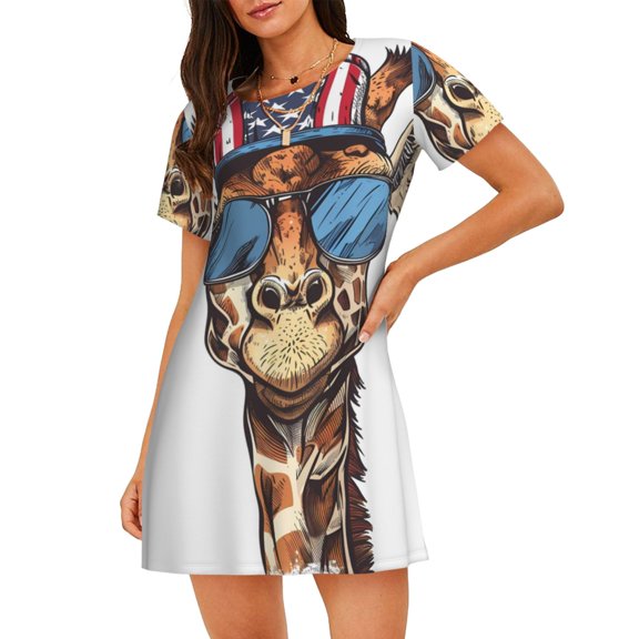 Logiee American Giraffe Style Print Nightgowns for Women,Soft Short-Sleeved Lightweight Sleepwear, Loose Sleepshirts