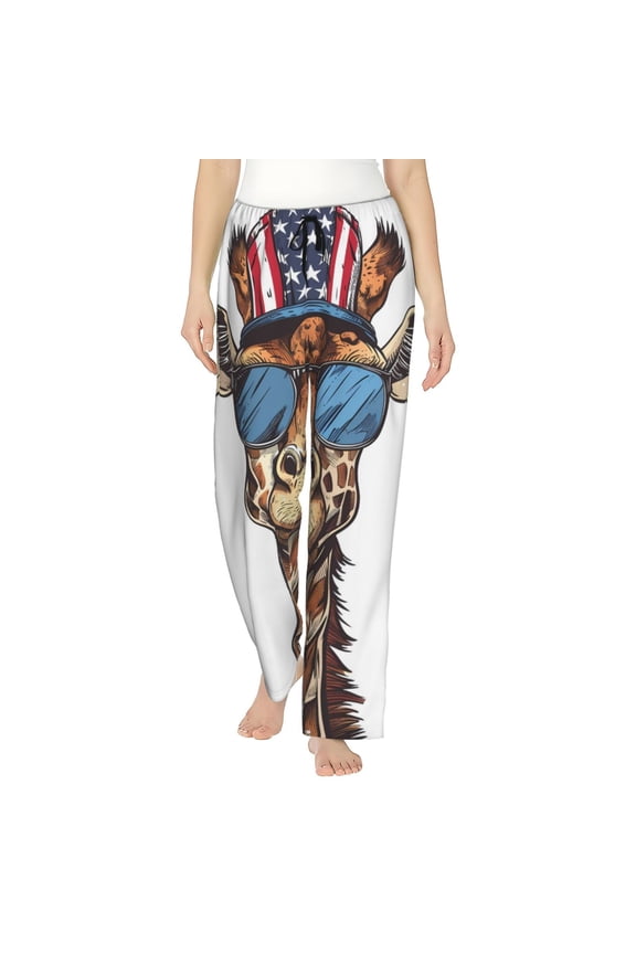 American Giraffe Style Print Women Pajama Pants,Comfy Pj Bottom with Pockets & Drawstring,Stretch Casual Sleepwear-Small