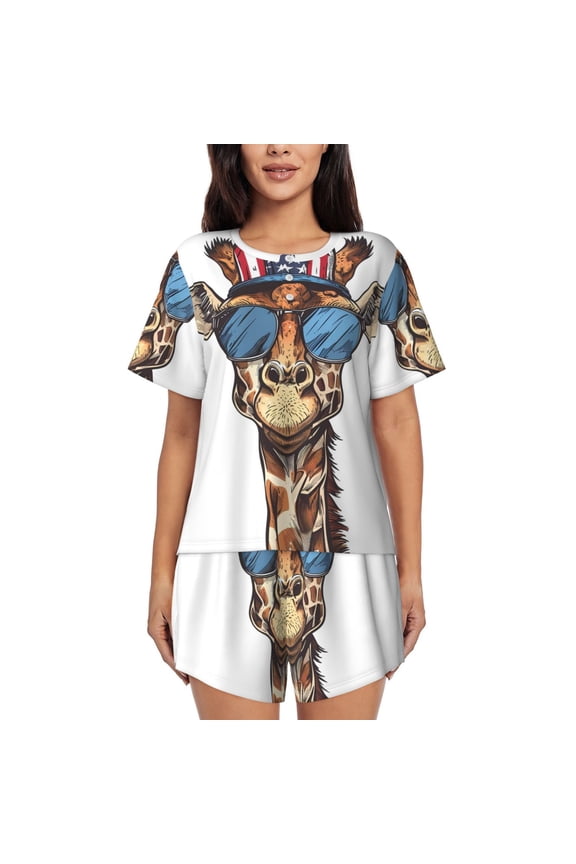 American Giraffe Style Print Womens Pajamas Set,Short-Sleeve Pajama 2 Piece Sleepwear with Pockets-Medium