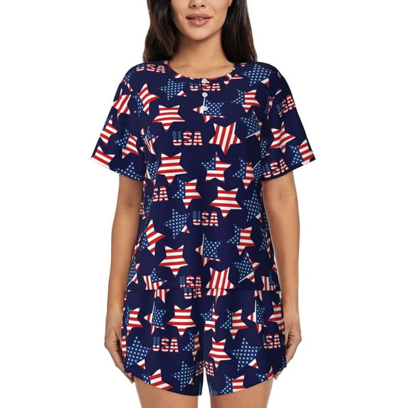 Logiee American Stars Print Womens Pajamas Set,Short-Sleeve Pajama 2 Piece Sleepwear with Pockets-X-Large