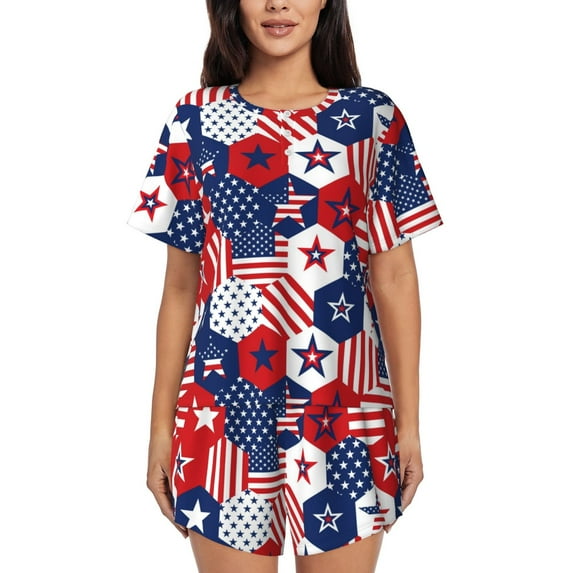 Logiee American Stars2 Print Womens Pajamas Set,Short-Sleeve Pajama 2 Piece Sleepwear with Pockets-3X-Large