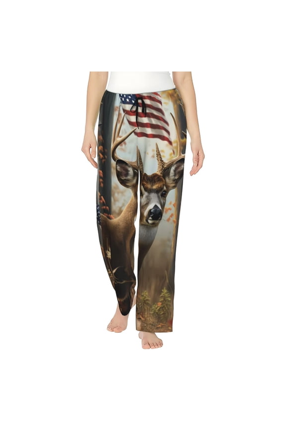 American Wildlife Deer Forest Print Women Pajama Pants,Comfy Pj Bottom with Pockets & Drawstring,Stretch Casual Sleepwear-Large