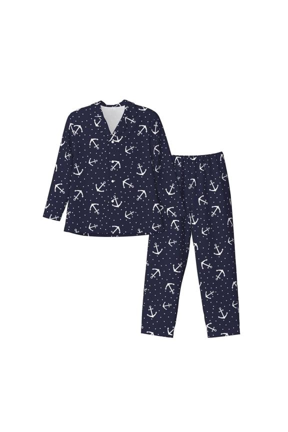 Anchor Print Mens Long Sleeve Pajama Set,Notched Collar Pajamas for Men, Men's Sleepwear,Mens Sleepwear with Pockets & Button Down-Large