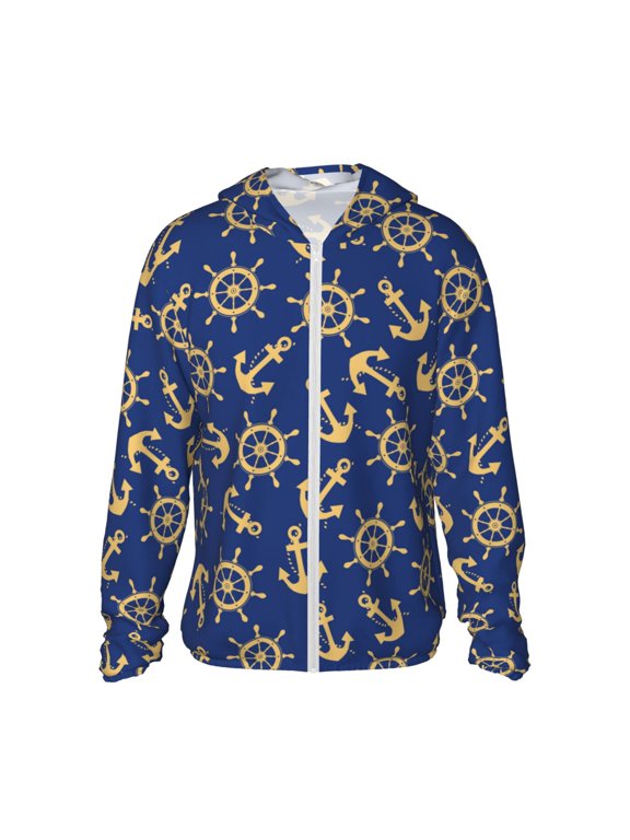 Anchors and Nautical Print Men's Women Light Jacket Full Zip Sun Protection Hoodie Long Sleeve Sun Shirts for Men Hiking Fishing Zip Pockets-Medium
