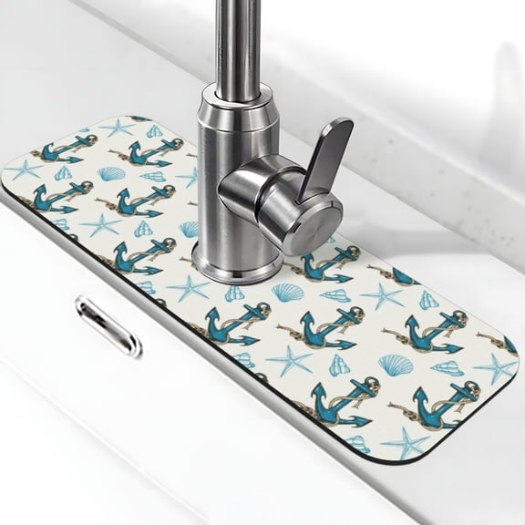 Logiee Anchors And Shells Print Kitchen Sink Splash Guard Faucet Mat for Splash Guard Behind Faucet Drip Catcher for Kitchen,Bathroom,Sink Mat,Dish Drying Mat,Bathroom-15" X 5.5"