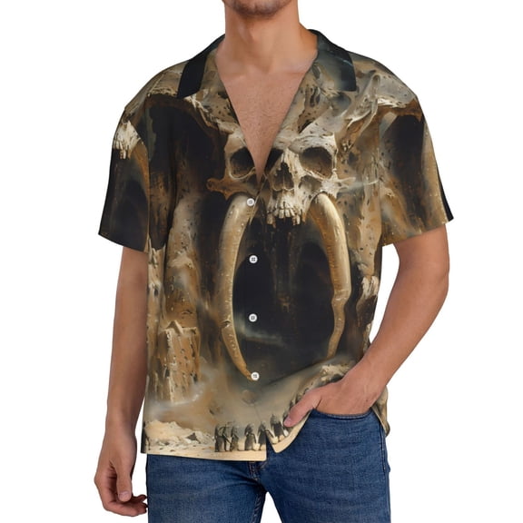 Logiee Ancient Skull Cave Landscape Print Men's Button Down Shirts Short Sleeve, Summer Beach Shirts,Vacation Wedding Shirts,Men's Casual Button-Down Shirts with Pocket-4X-Large