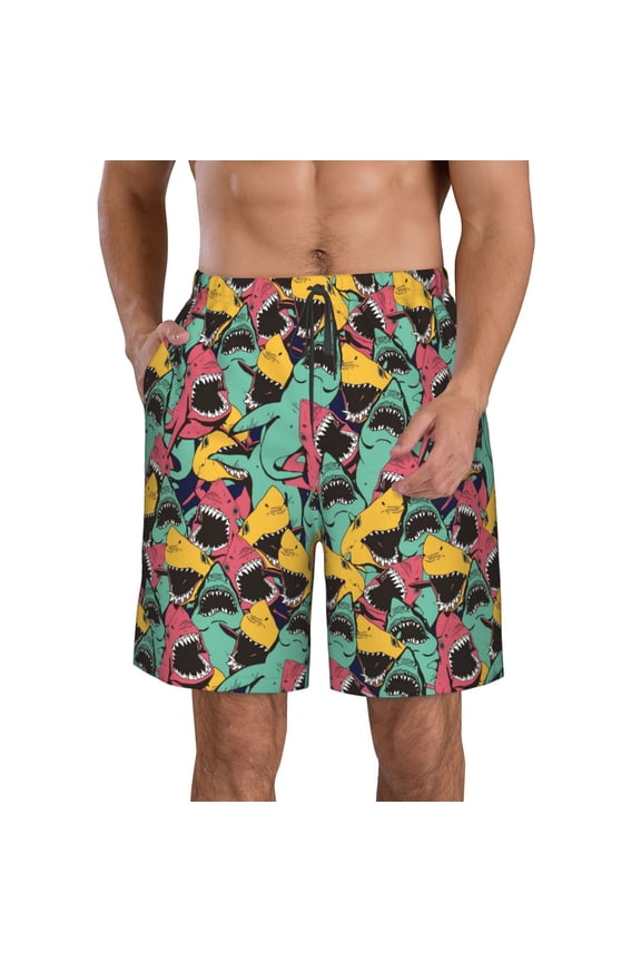 Angry Shark Pattern Print Mens Swim Trunks Quick Dry Board Shorts,Breathable Hawaii Beach Shorts Swimwear Bathing Suits-XX-Large