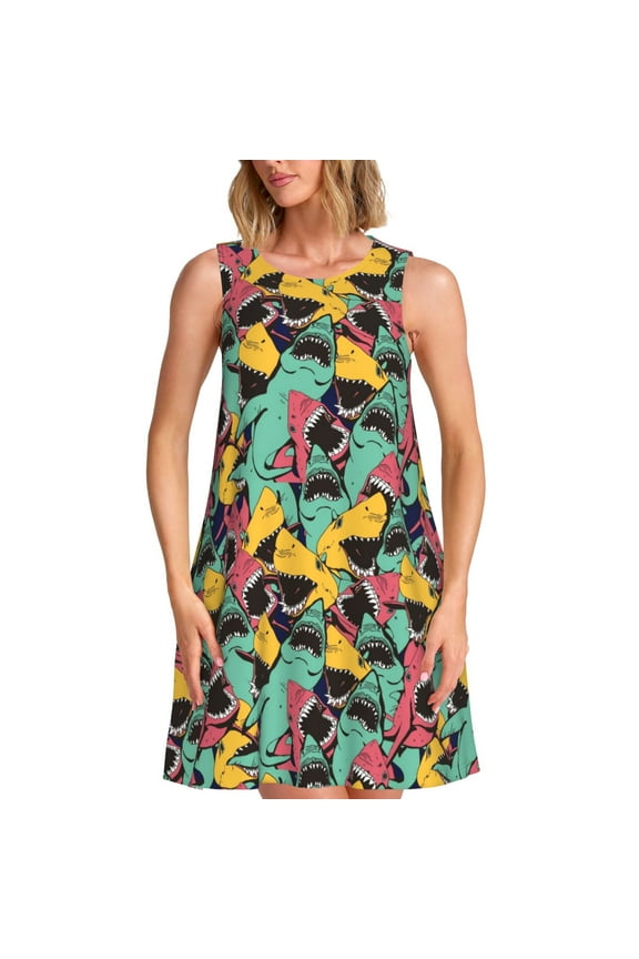 Angry Shark Pattern Print Summer Dresses for Women,Beach Sleeveless Flowy Pocket Tshirt Tank Sundresses,Women's Sleeveless Dress