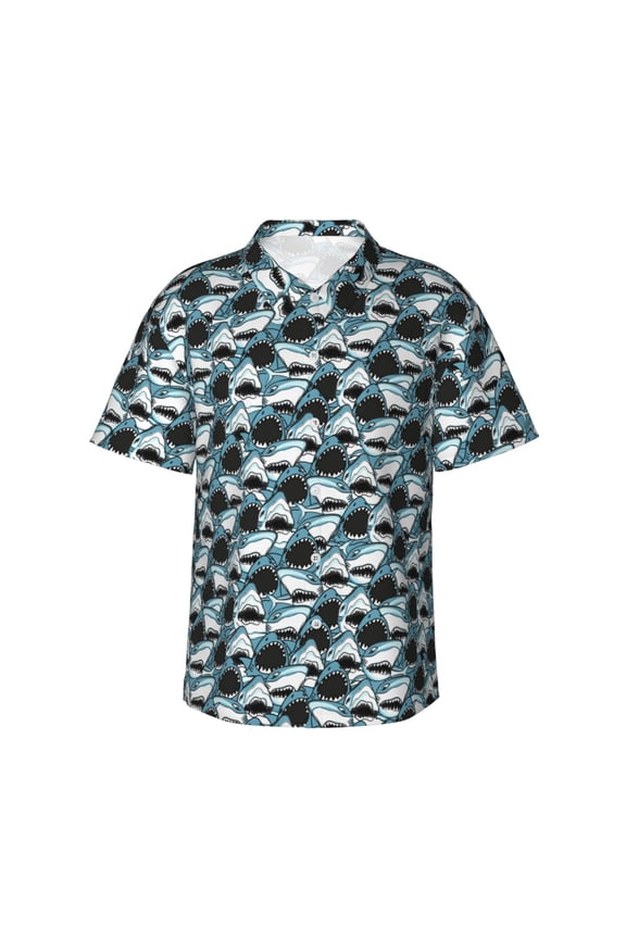 Angry Shark Print Mens Hawaiian Shirts,Loose-Fit Short Sleeve Button Down Tropical Aloha Beach Shirt,Summer Vacation Wedding Tops,