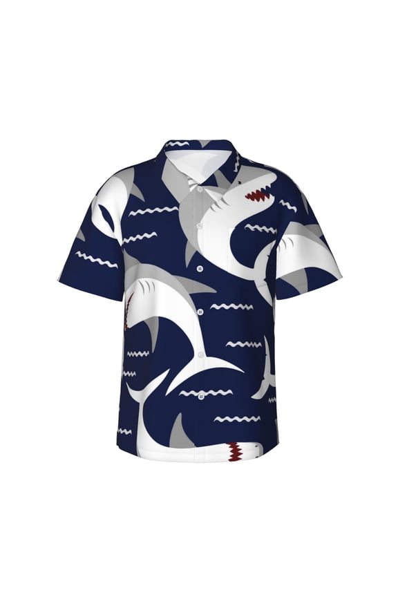 Angry Shark Print Mens Hawaiian Shirts,Loose-Fit Short Sleeve Button Down Tropical Aloha Beach Shirt,Summer Vacation Wedding Tops,Small