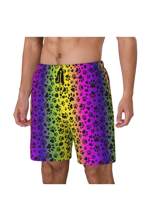 Animal Paw Rainbow Print Men's Swim Trunk,Quick Dry Board Shorts ,Men's Swim Trunks with Compression Liner, Bathing Suits with Pockets-Small