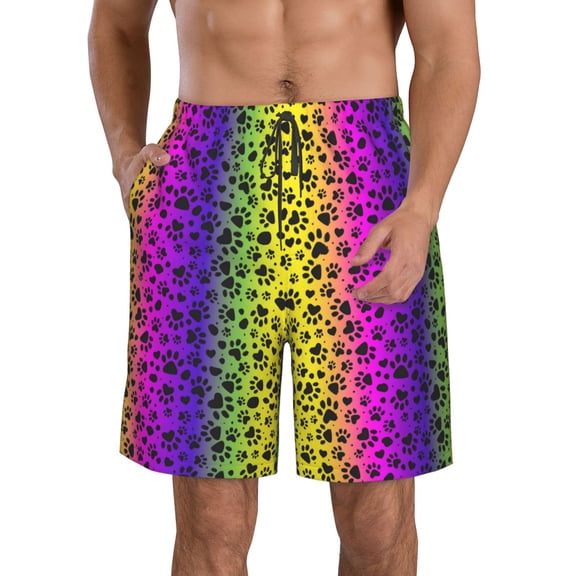 Logiee Animal Paw Rainbow Print Mens Swim Trunks Quick Dry Board Shorts,Breathable Hawaii Beach Shorts Swimwear Bathing Suits-Small