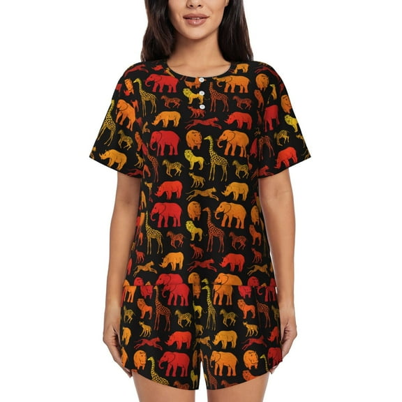 Logiee Animal Print Womens Pajamas Set,Short-Sleeve Pajama 2 Piece Sleepwear with Pockets-Small