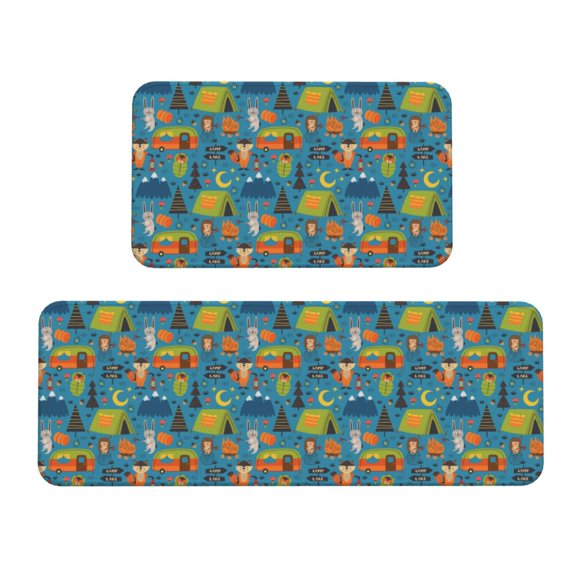 Logiee Animals In Camping Print Kitchen Mats for Floor Sets of 2,Waterproof Kitchen Rugs,Non Slip Comfort Standing Mat Rug for Home,Runner,Sink,Office,Laundry
