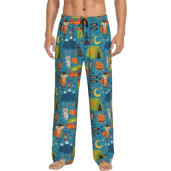 Logiee Animals In Camping Print Pajama Pants for Men,Men’s Pajama Bottoms,Mens PJ Pants with Pockets & Button Fly-Large
