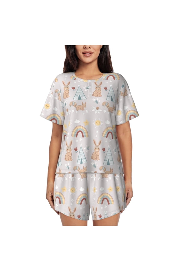 Animals In Tribe Print Womens Pajamas Set,Short-Sleeve Pajama 2 Piece Sleepwear with Pockets-Large