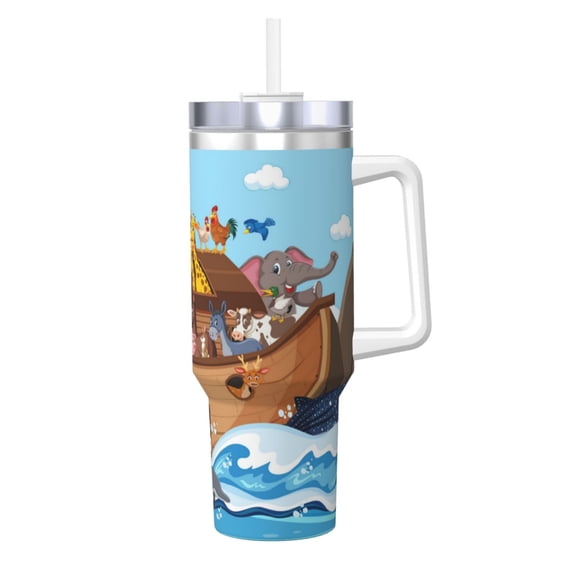 Logiee Animals on Noah's Ark Floating Print 40OZ Ice Bully Cup with Handle and Straw, Double Wall Stainless Steel Tumbler,Travel Coffee Cup with Lid, Summer Insulation and Cooling Cup