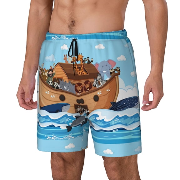 Logiee Animals on Noah's Ark Print Men's Swim Trunk,Quick Dry Board Shorts ,Men's Swim Trunks with Compression Liner, Bathing Suits with Pockets-X-Large