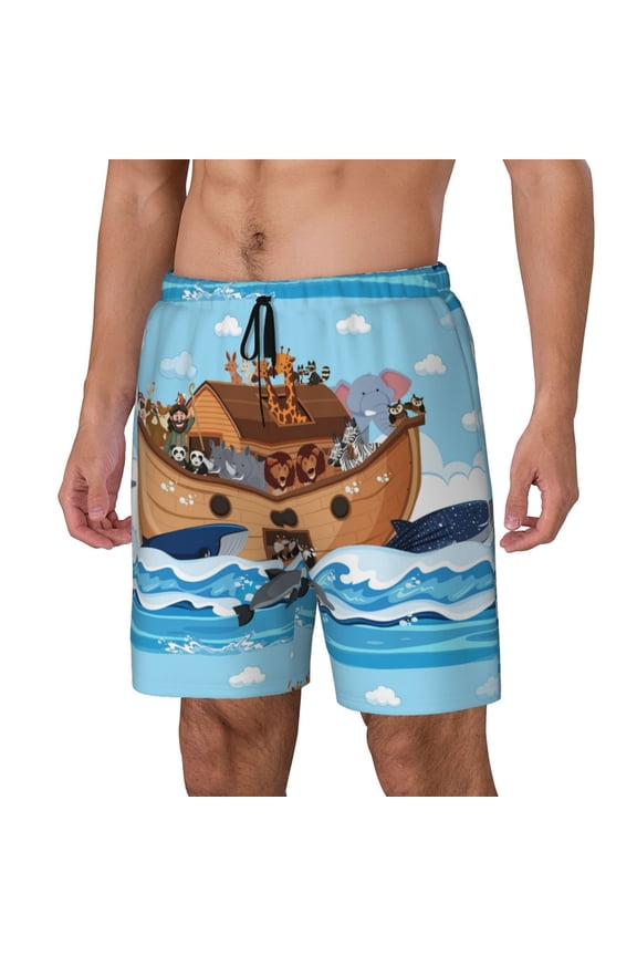 Animals on Noah's Ark Print Men's Swim Trunk,Quick Dry Board Shorts ,Men's Swim Trunks with Compression Liner, Bathing Suits with Pockets-X-Large
