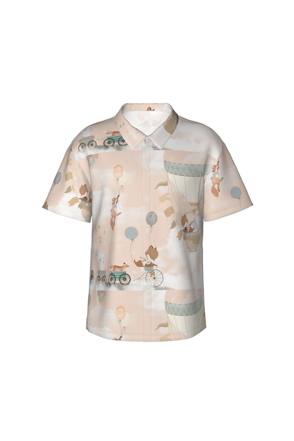 Animals Riding Across The Sky1 Print Mens Hawaiian Shirts,Loose-Fit Short Sleeve Button Down Tropical Aloha Beach Shirt,Summer Vacation Wedding Tops,Small