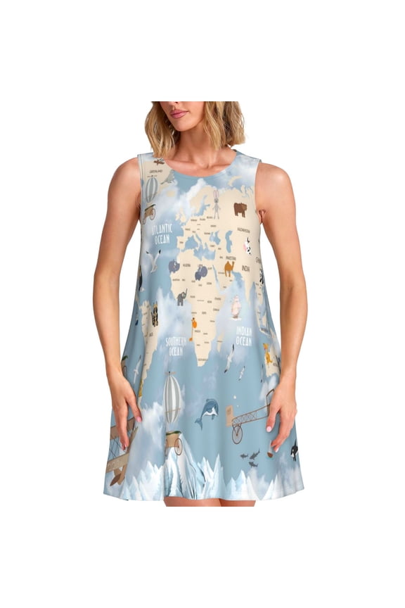 Animals Travel World Map Print Summer Dresses for Women,Beach Sleeveless Flowy Pocket Tshirt Tank Sundresses,Women's Sleeveless Dress