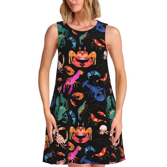 Logiee Animals Under Water Print Summer Dresses for Women,Beach Sleeveless Flowy Pocket Tshirt Tank Sundresses,Women's Sleeveless Dress