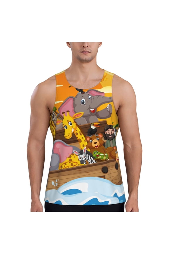 Animals on Noah's Ark1 Print Men's Workout Tank Top,Quick Dry Workout Tank Top,Gym Muscle Tee,Fitness Bodybuilding Sleeveless T Shirt-Large