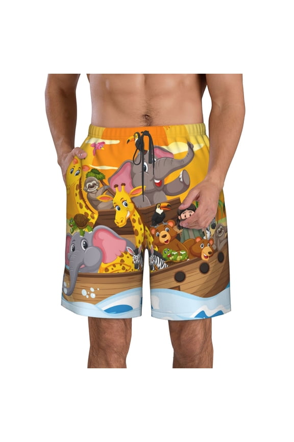 Animals on Noah's Ark1 Print Mens Swim Trunks Quick Dry Board Shorts,Breathable Hawaii Beach Shorts Swimwear Bathing Suits-Medium