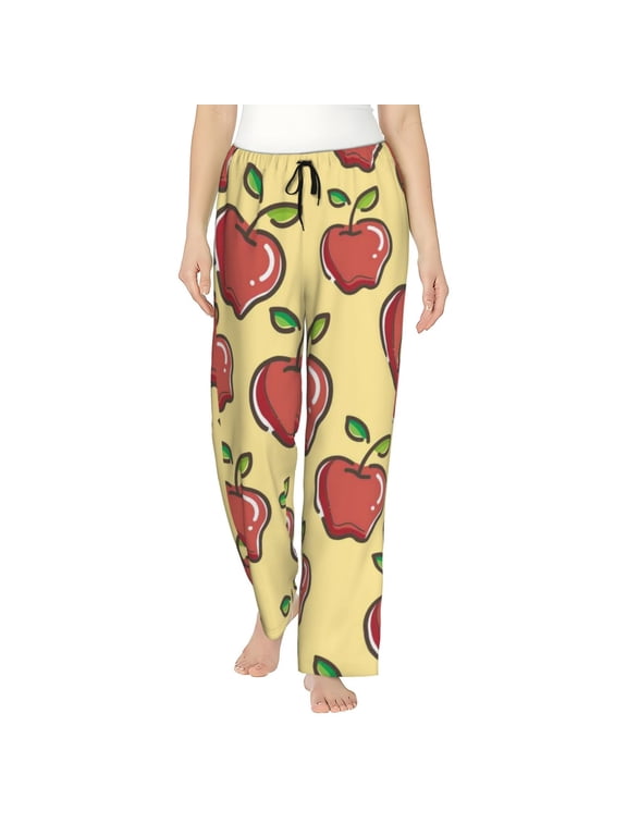 Apple Print Women Pajama Pants,Comfy Pj Bottom with Pockets & Drawstring,Stretch Casual Sleepwear-Small