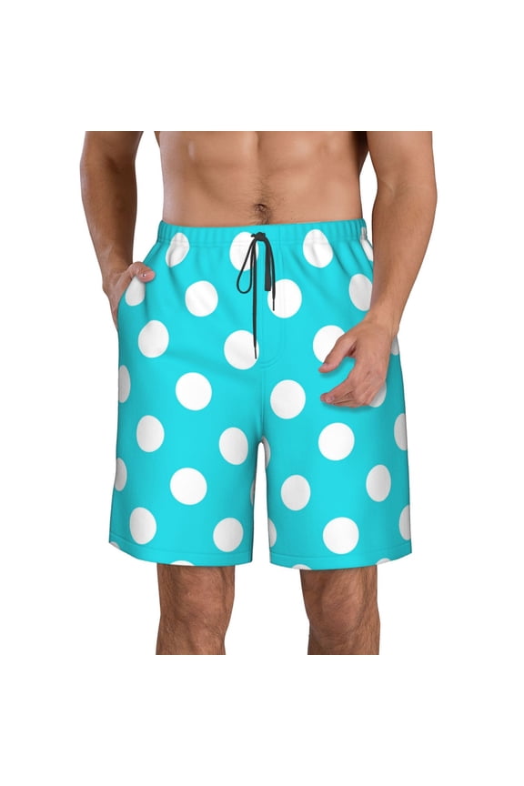 Aqua And White Polka Dot Print Mens Swim Trunks Quick Dry Board Shorts,Breathable Hawaii Beach Shorts Swimwear Bathing Suits-Large