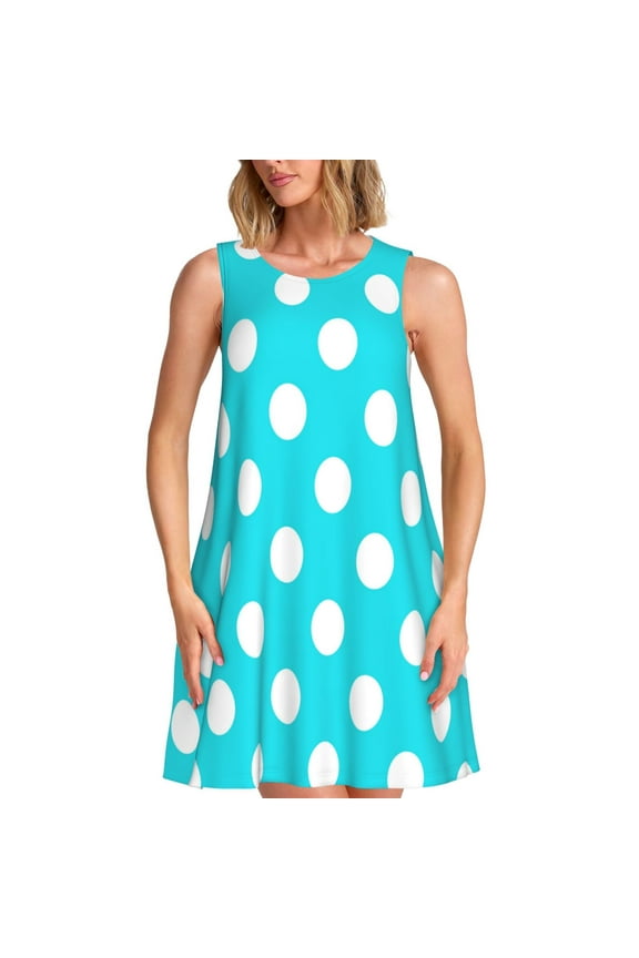 Aqua And White Polka Dot Print Summer Dresses for Women,Beach Sleeveless Flowy Pocket Tshirt Tank Sundresses,Women's Sleeveless Dress