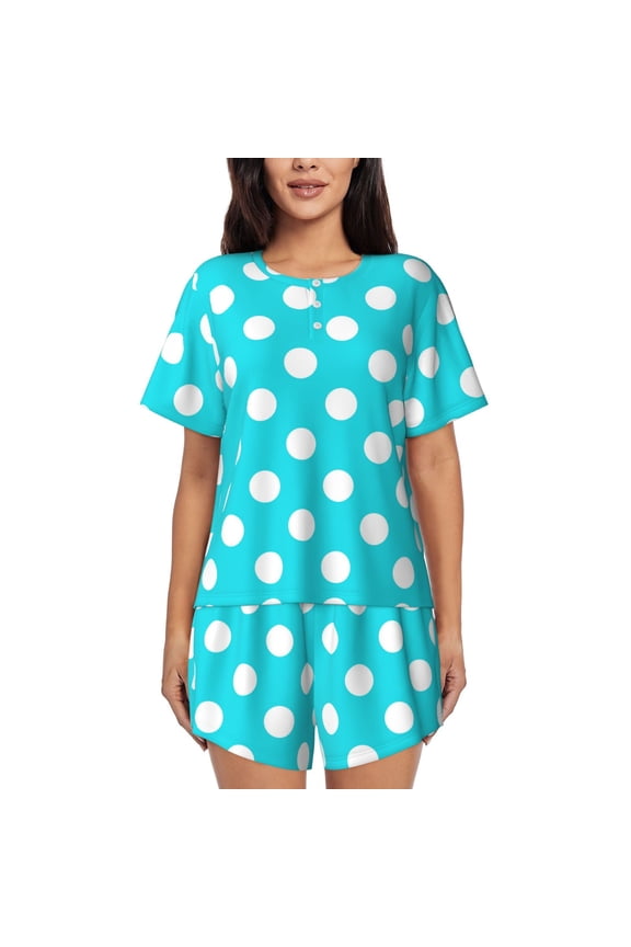 Aqua And White Polka Dot Print Womens Pajamas Set,Short-Sleeve Pajama 2 Piece Sleepwear with Pockets-Small