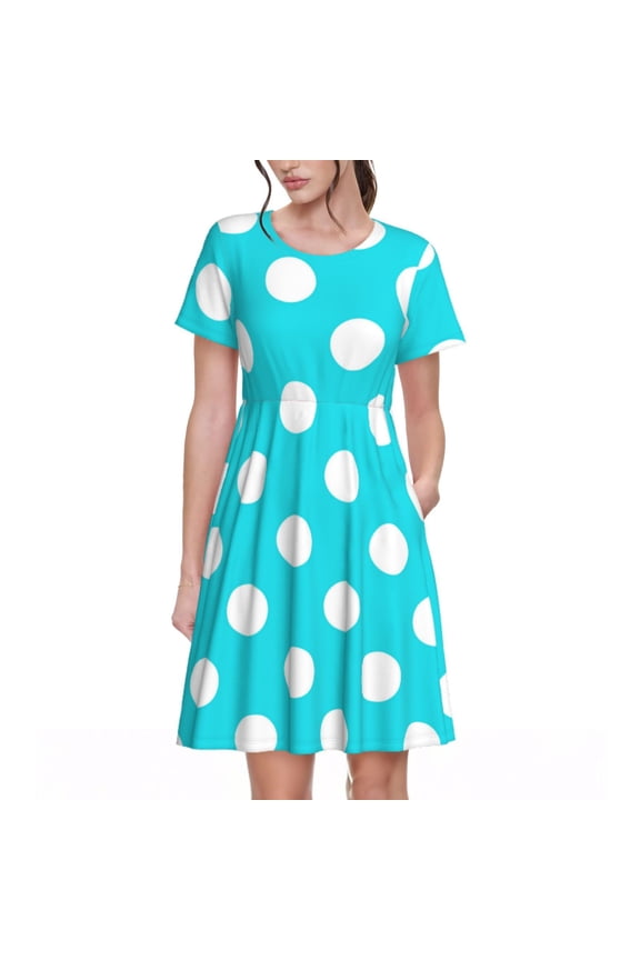 Aqua And White Polka Dot Print Womens Summer Dress,Casual Short Sleeve Sundresses,Beach A-line Shift Dress with Pockets