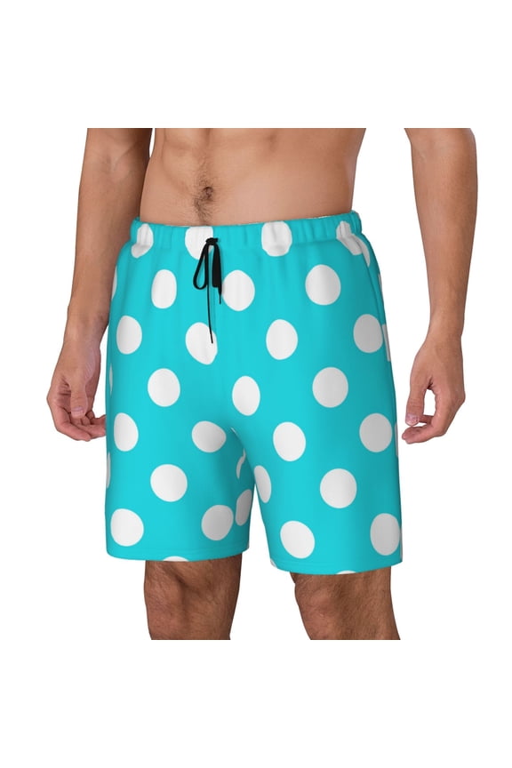 Aqua And White Polka Dot Print Men's Swim Trunk,Quick Dry Board Shorts ,Men's Swim Trunks with Compression Liner, Bathing Suits with Pockets-XX-Large