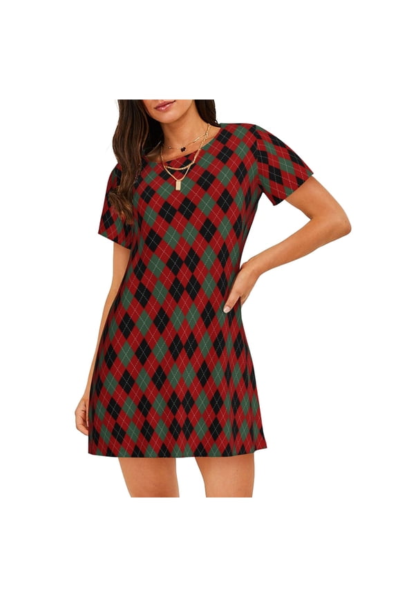 Argyle Plaid Print Nightgowns for Women,Soft Short-Sleeved Lightweight Sleepwear, Loose Sleepshirts