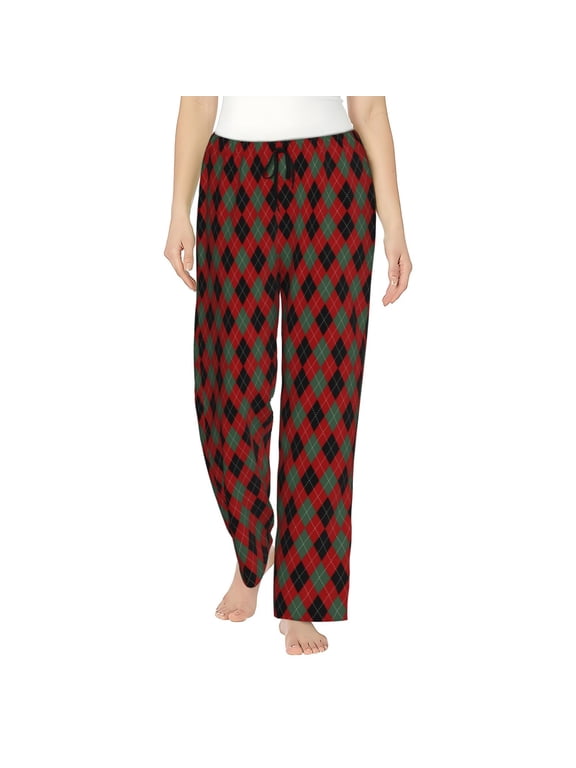 Argyle Plaid Print Women Pajama Pants,Comfy Pj Bottom with Pockets & Drawstring,Stretch Casual Sleepwear-Small