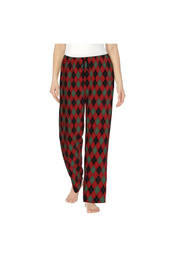 Argyle Plaid Print Women Pajama Pants,Comfy Pj Bottom with Pockets & Drawstring,Stretch Casual Sleepwear-Small