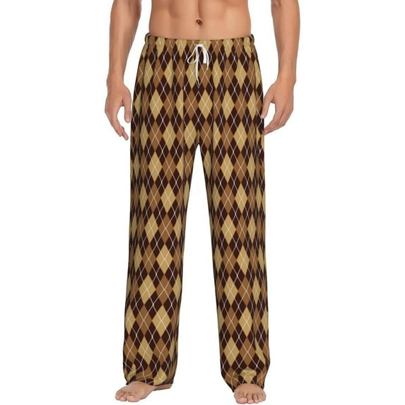Logiee Argyle of brown Print Pajama Pants for Men,Men’s Pajama Bottoms,Mens PJ Pants with Pockets & Button Fly-3X-Large