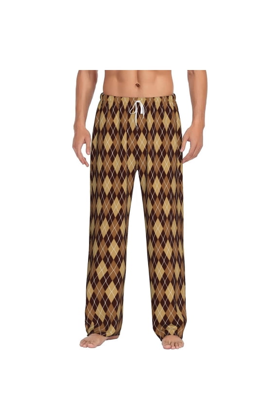 Argyle of brown Print Pajama Pants for Men,Men’s Pajama Bottoms,Mens PJ Pants with Pockets & Button Fly-Medium